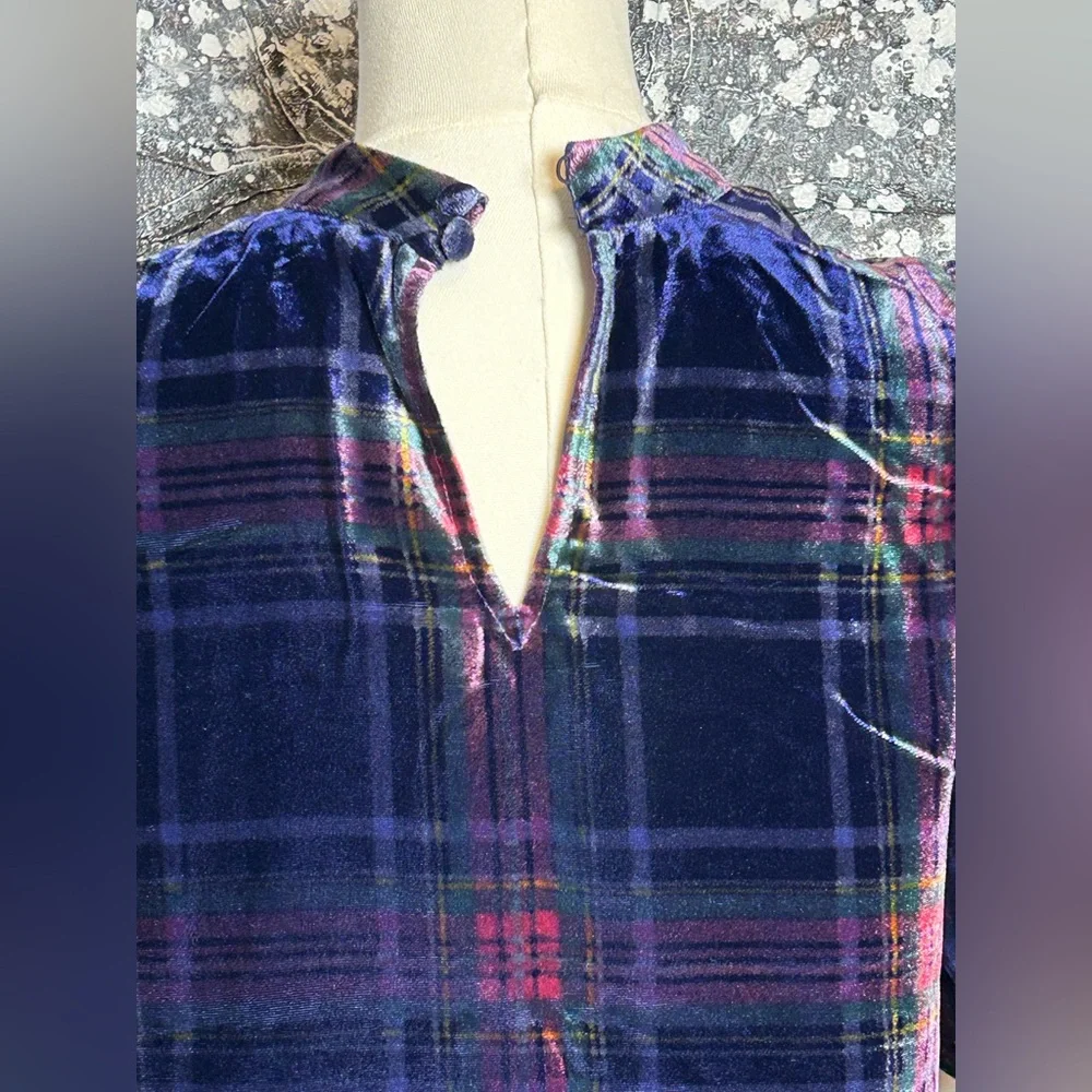 Boden Velvet Plaid Puff Sleeve Top - Navy, Red & Green size US 4 UK 8
